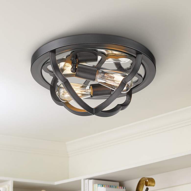 Image 1 Saxon 14" Wide Aged Bronze Metal 2-Light Ceiling Light