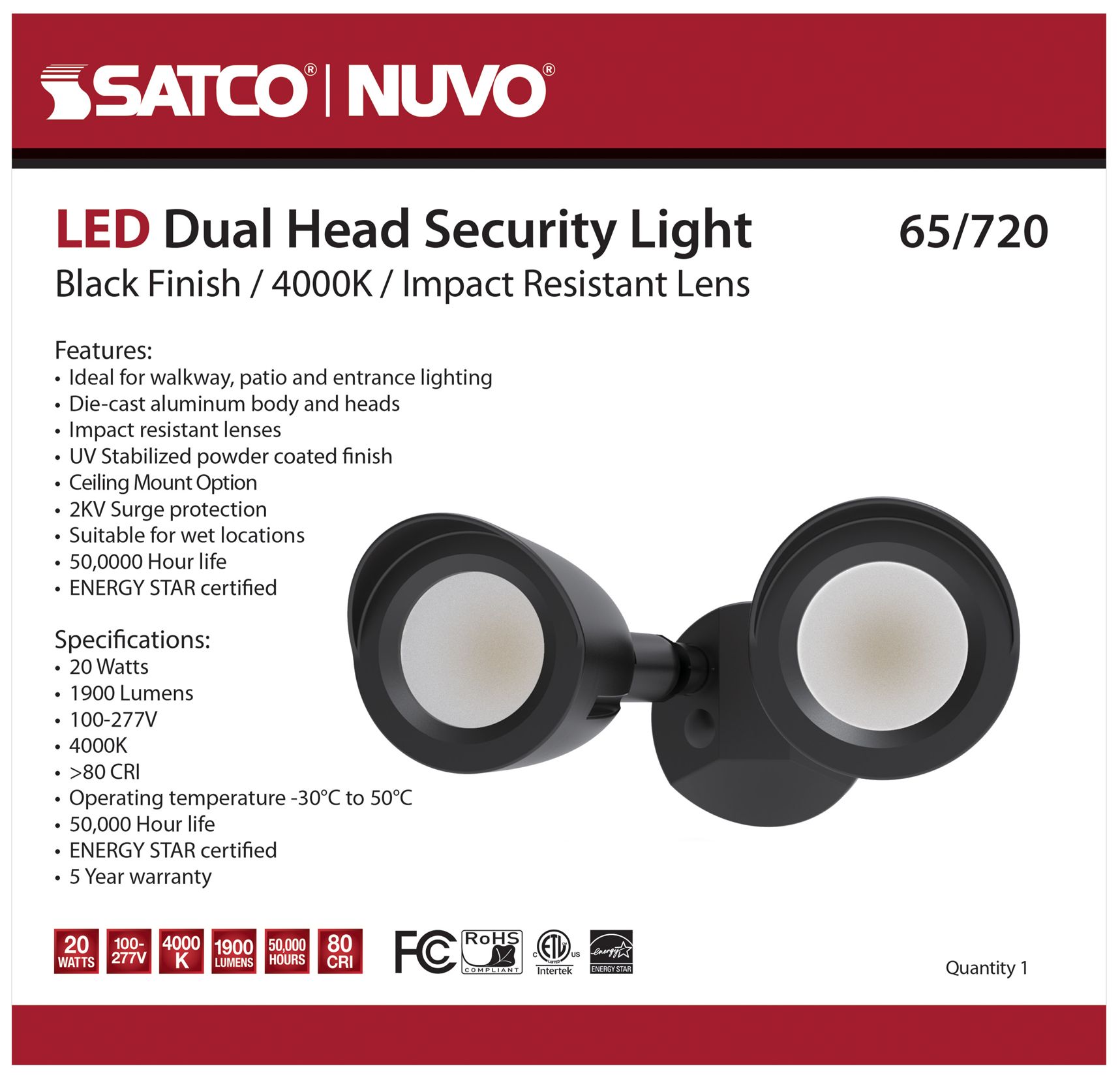 Saxon 4 1/2" High Black Dual-Head 4000K LED Outdoor Light