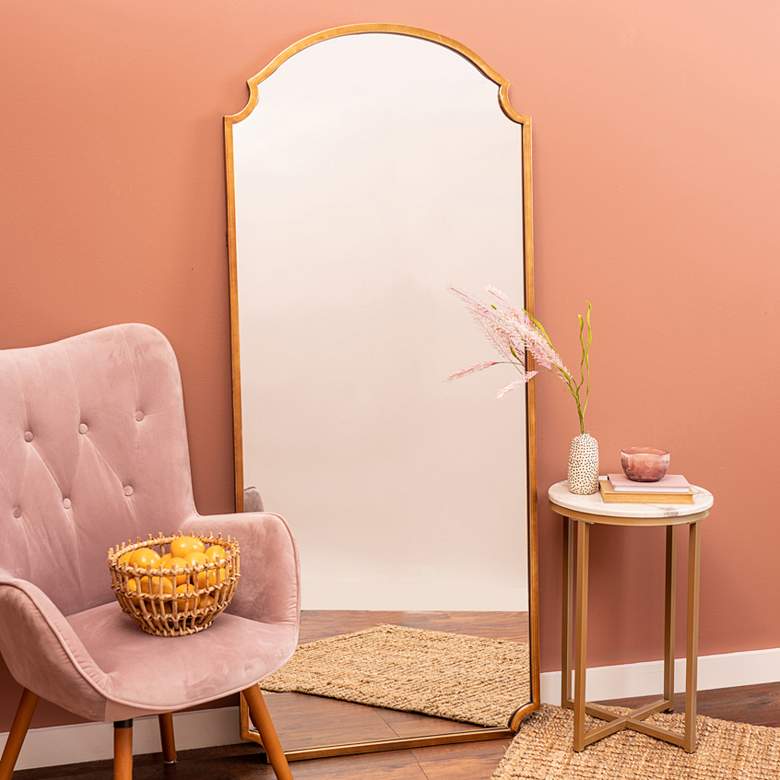 Image 1 Saxton Shiny Gold 30" x 70" Arched Rectangular Floor Mirror