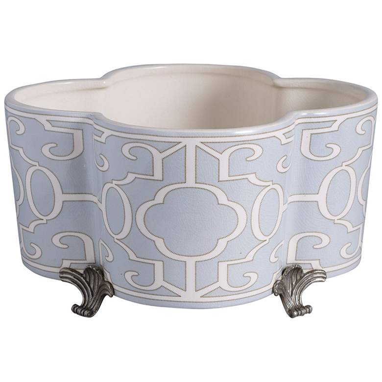 Image 2 Scalamandre Ming Fretwork Light Blue 14"W Quatrefoil Planter