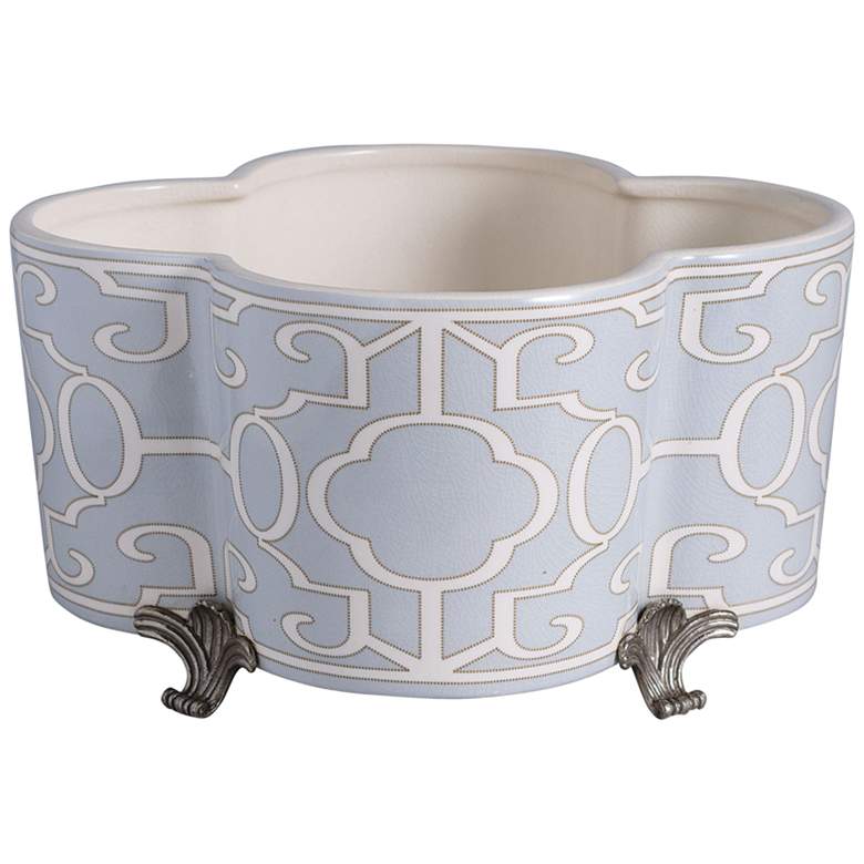 Image 2 Scalamandre Ming Fretwork Light Blue 14 inchW Quatrefoil Planter