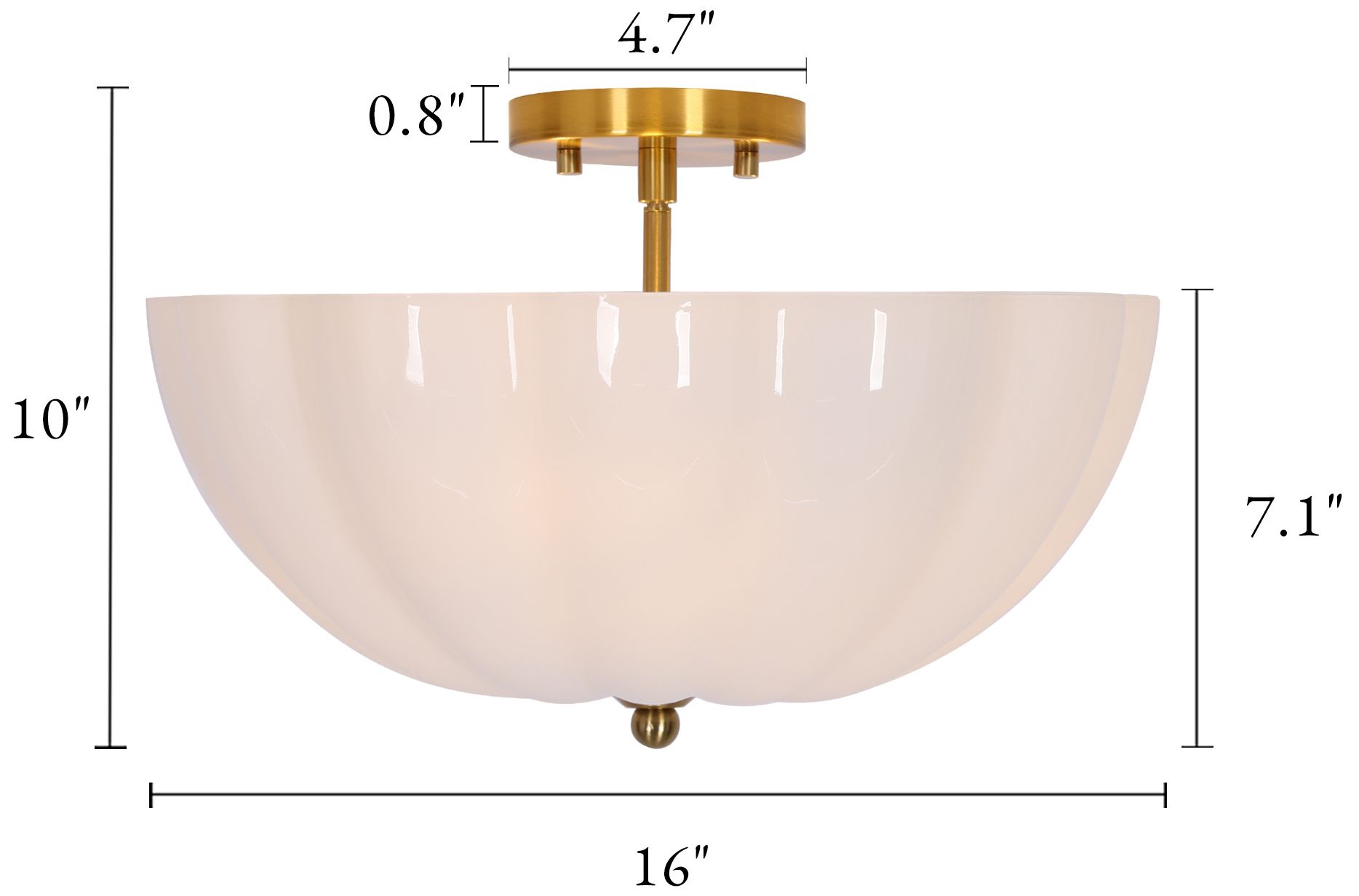 Image 2 Scalloflute Modern Brass 16" Semi Flush Fluted Milk Glass Bowl Ceiling Lamp more views
