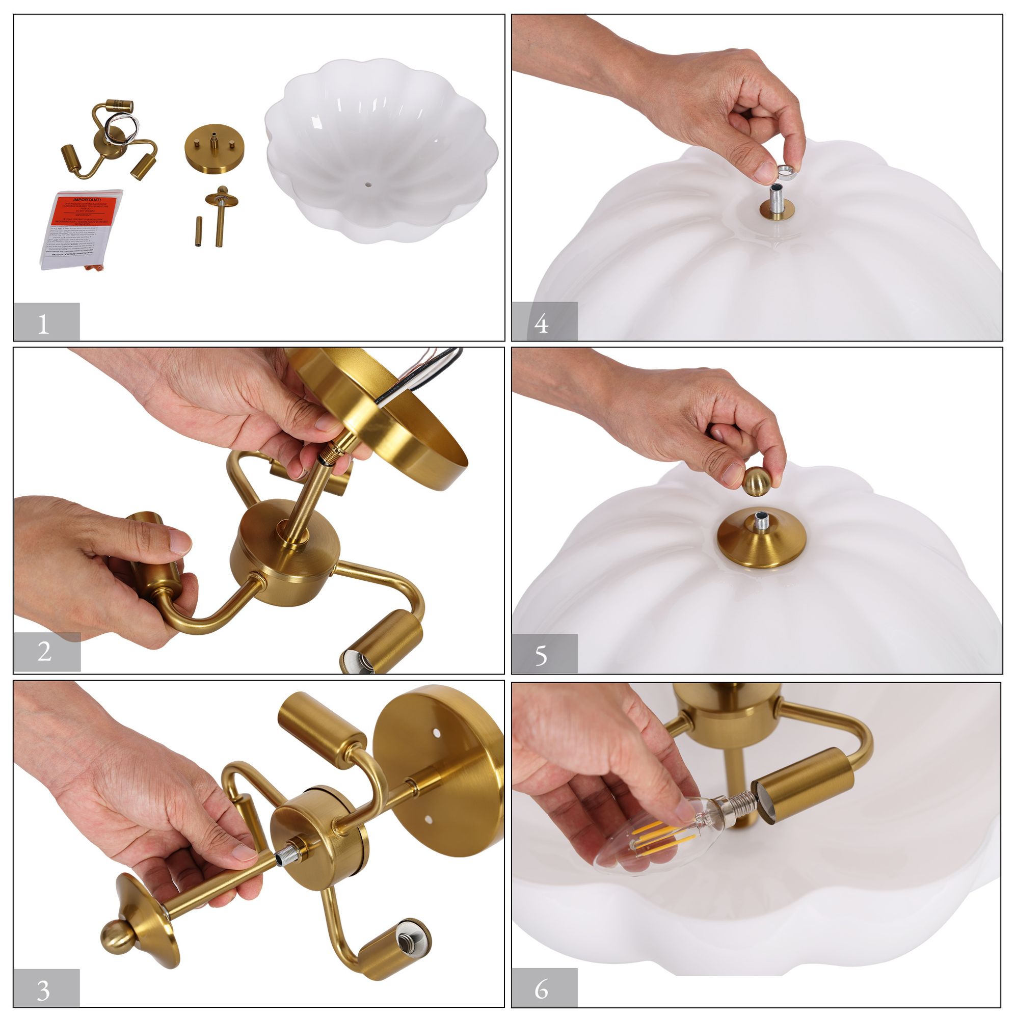 Image 4 Scalloflute Modern Brass 16" Semi Flush Fluted Milk Glass Bowl Ceiling Lamp more views