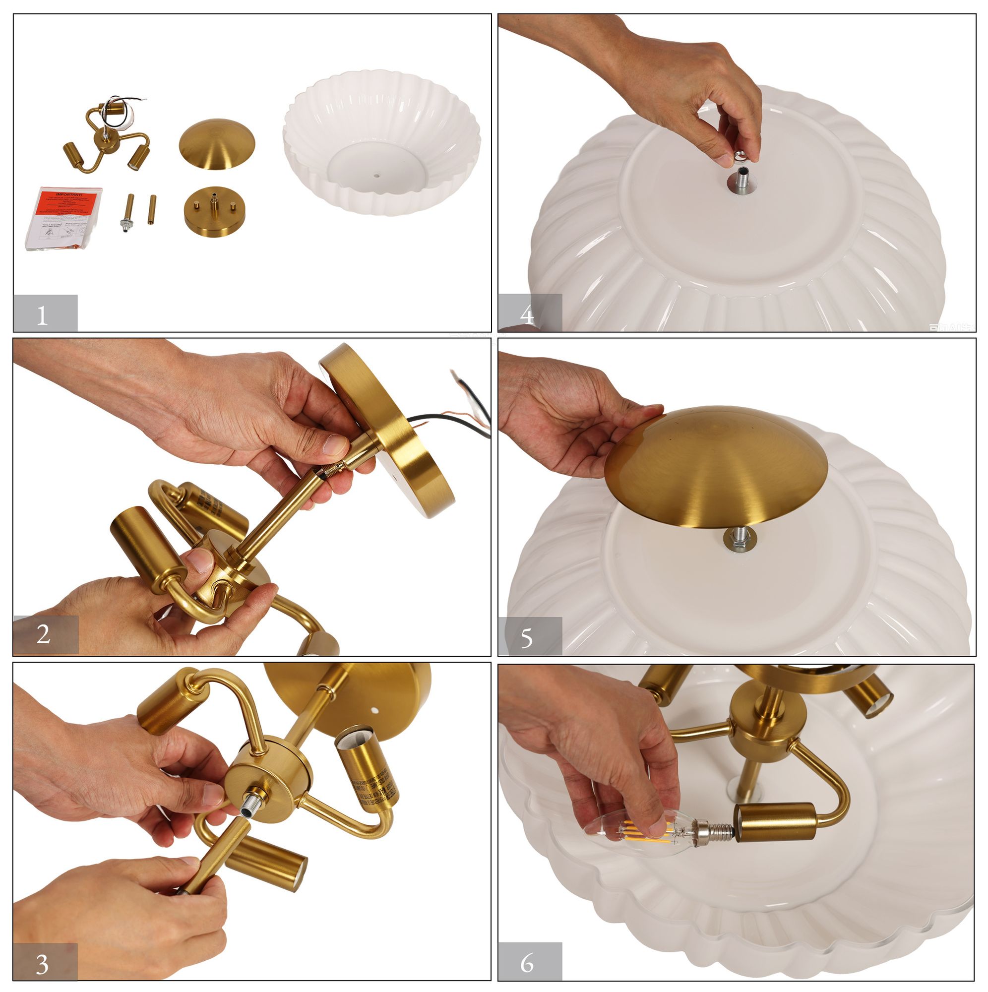 Image 4 Scalloflute Modern Gold 15" Semi Flush Mount Fluted Milk Glass Bowl more views