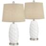 Scalloped Ceramic LED Burlap Linen Table Lamps Set of 2
