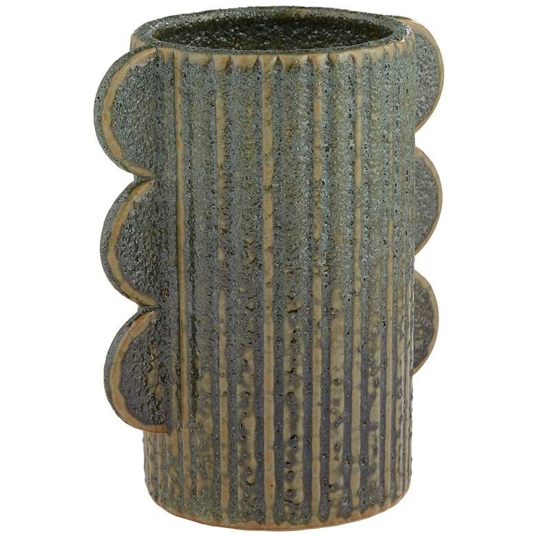 Image 5 Scalloped Edge 6 3/4 inch High Green Stoneware Decorative Vase more views