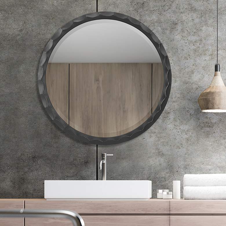 Image 4 Scalloped Edge Aged Black 38" Round Wall Mirror more views