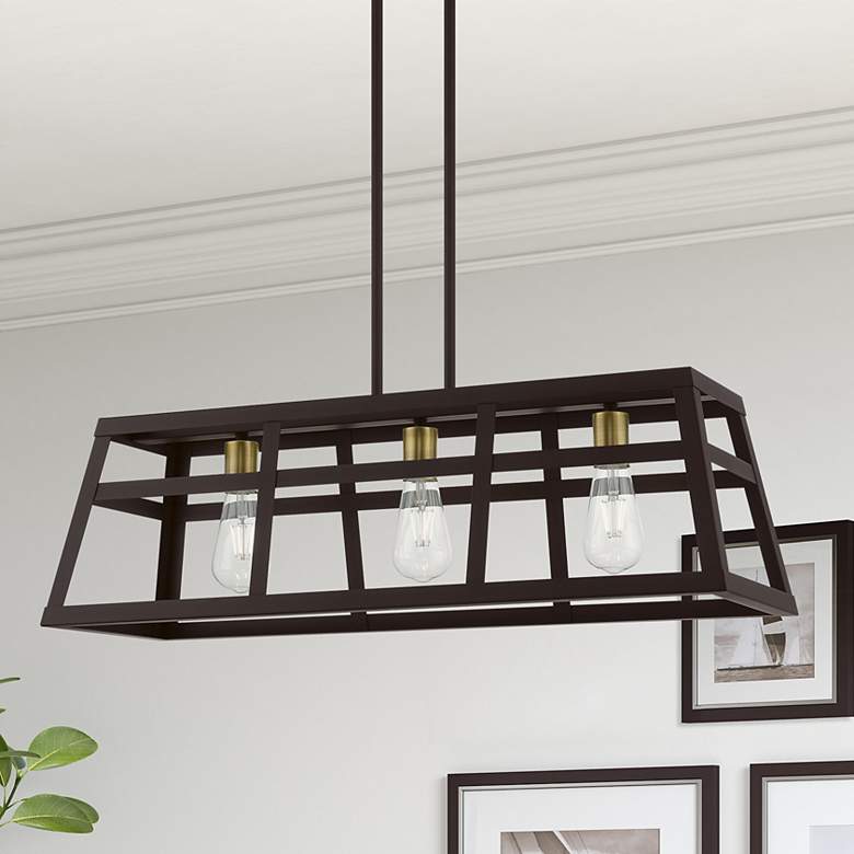 Image 1 Schofield 3 Light Bronze Linear Chandelier with Antique Brass Accents