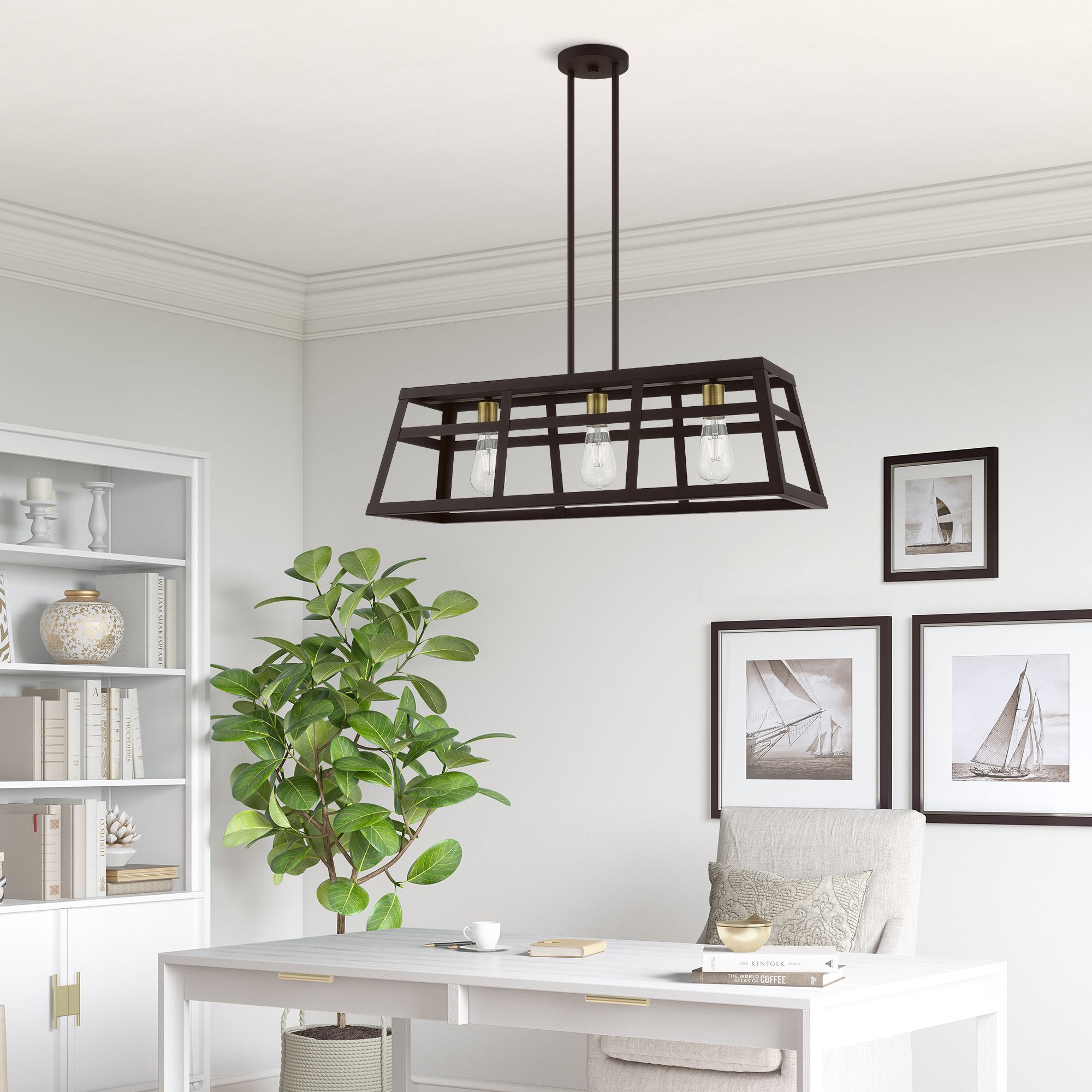 Schofield 3 Light Bronze Linear Chandelier with Antique Brass Accents