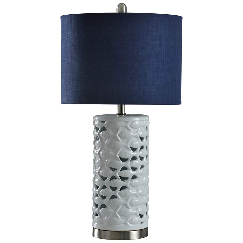 Image 2 School of Fish Cylindrical Table Lamp - White, Silver, Sand - Navy Blue