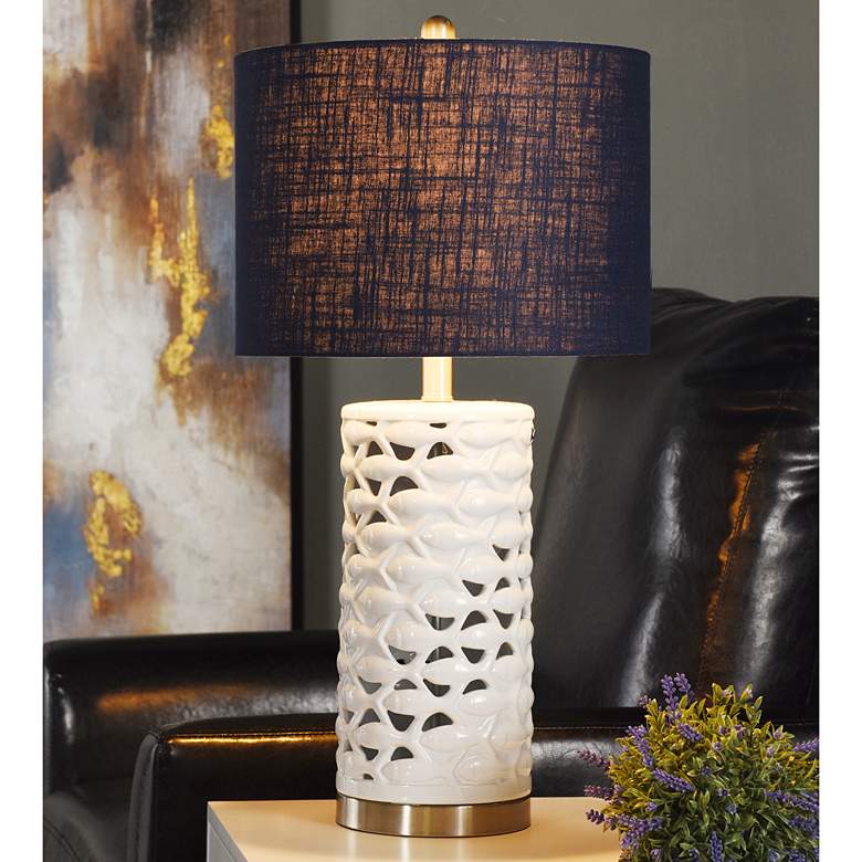Image 1 School of Fish Cylindrical Table Lamp - White, Silver, Sand - Navy Blue