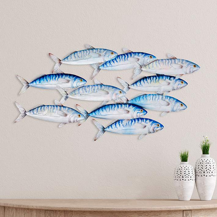 School of Fish Stripes 32 Wide Blue Metal Wall Decor