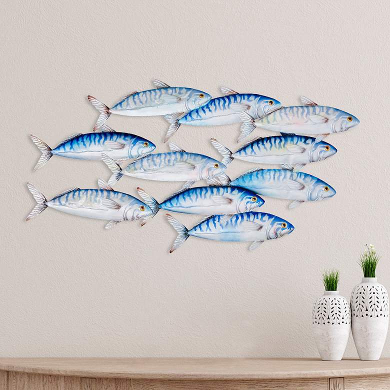 Image 1 School of Fish Stripes 32 inch Wide Blue Metal Wall Decor
