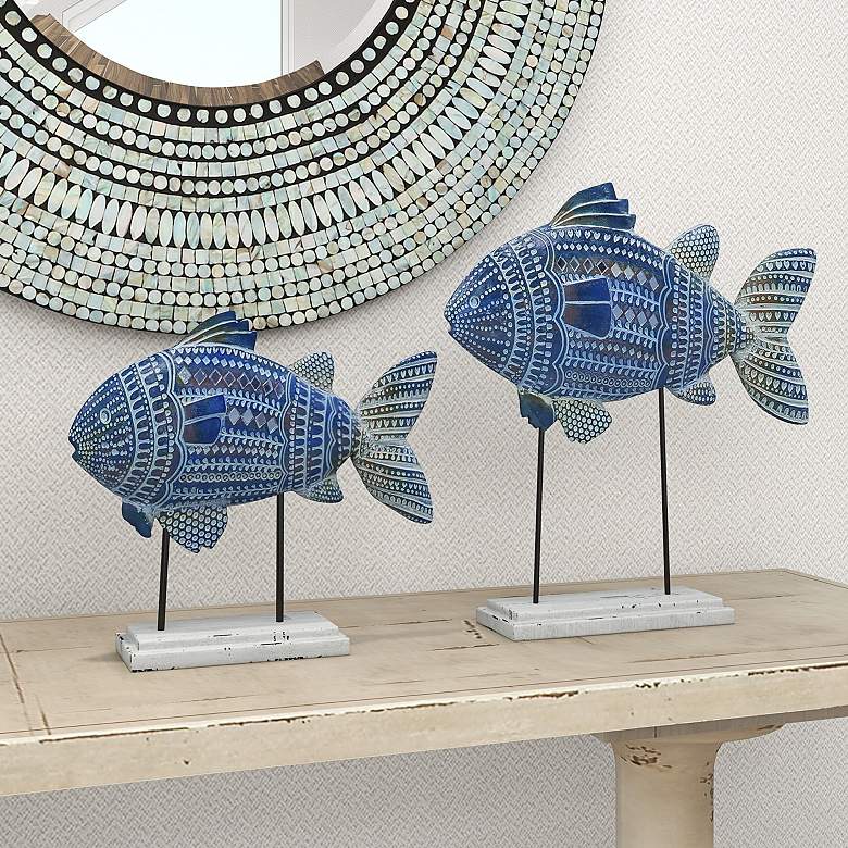 Image 1 Schooled Blue Metal Fish Statues Set of 2