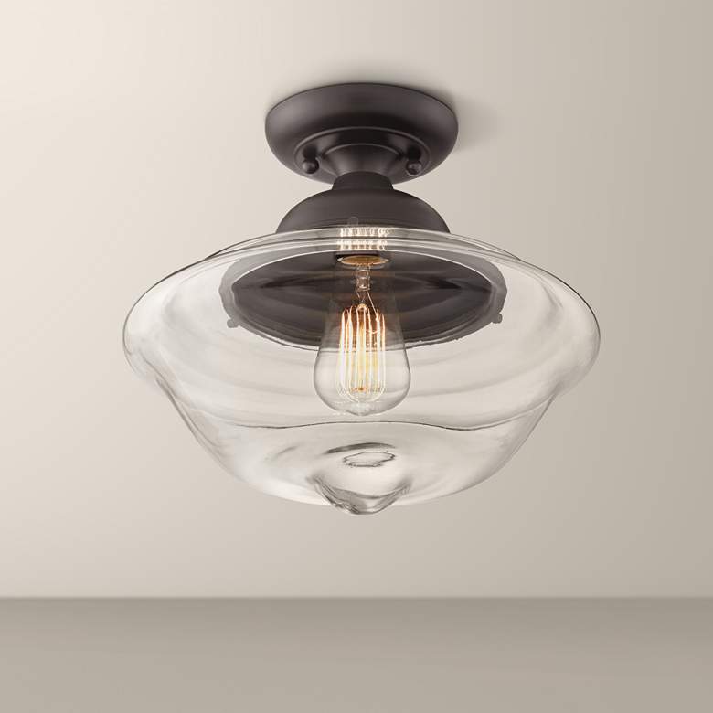 Image 1 Schoolhouse 13" Wide Black Clear Glass Ceiling Light