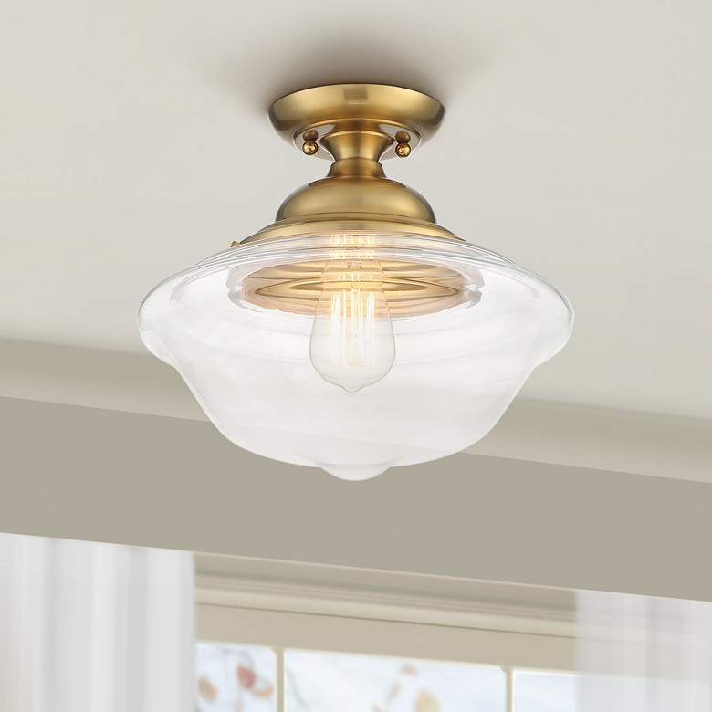 Schoolhouse 13&quot; Wide Gold Metal Clear Glass Ceiling Light