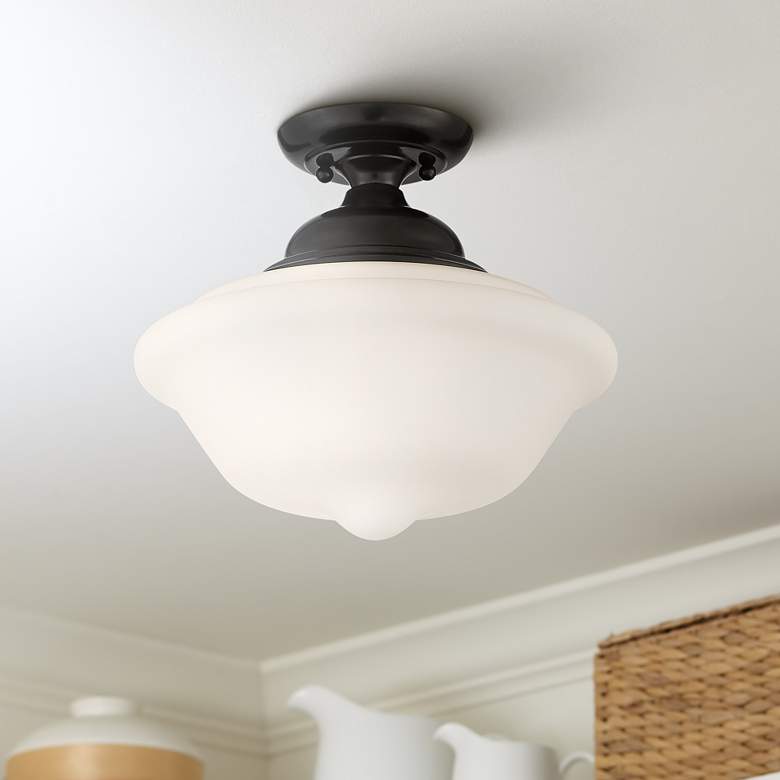 Schoolhouse 13&quot;W Gloss Black and White Glass Ceiling Light