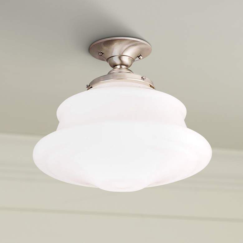 Image 1 Schoolhouse Button 16&#8221; Wide Satin Nickel Ceiling Light