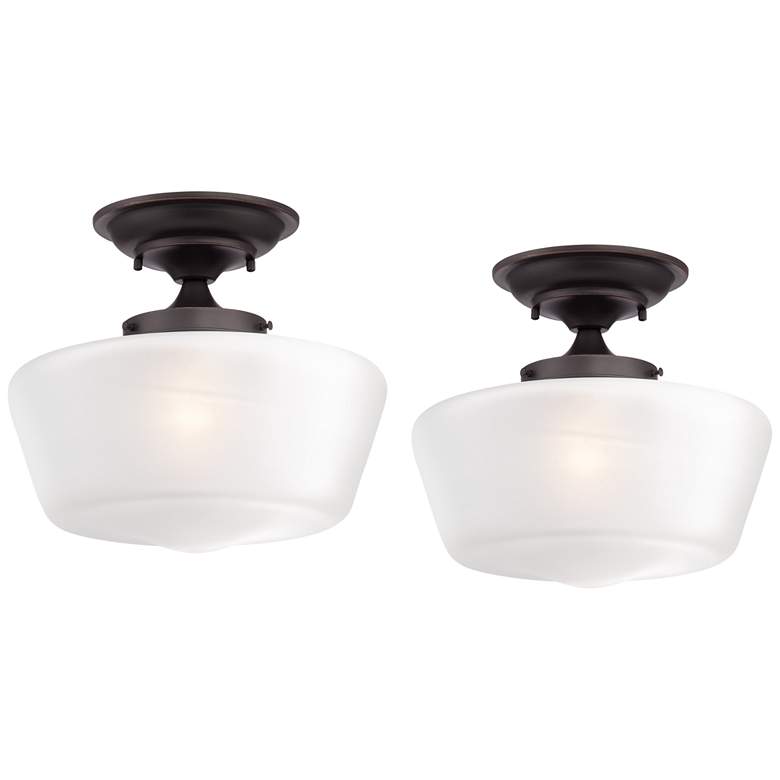 Image 1 Schoolhouse Floating 12 inch Wide Bronze and White Ceiling Lights Set of 2