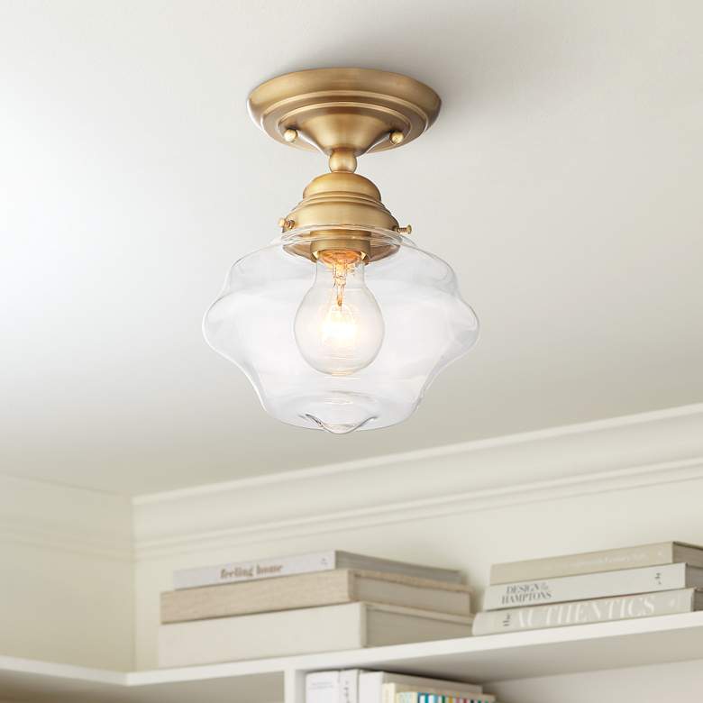 Schoolhouse Floating 7&quot; Wide Brass and Clear Glass Ceiling Light