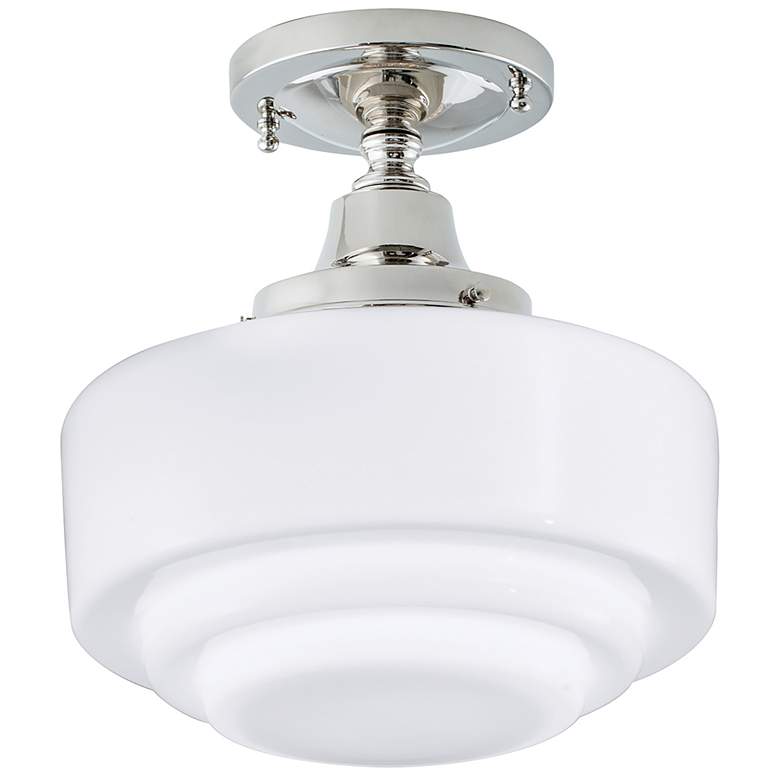 Image 1 Schoolhouse Flush Mount Light - Polished Nickel with Stepped Glass