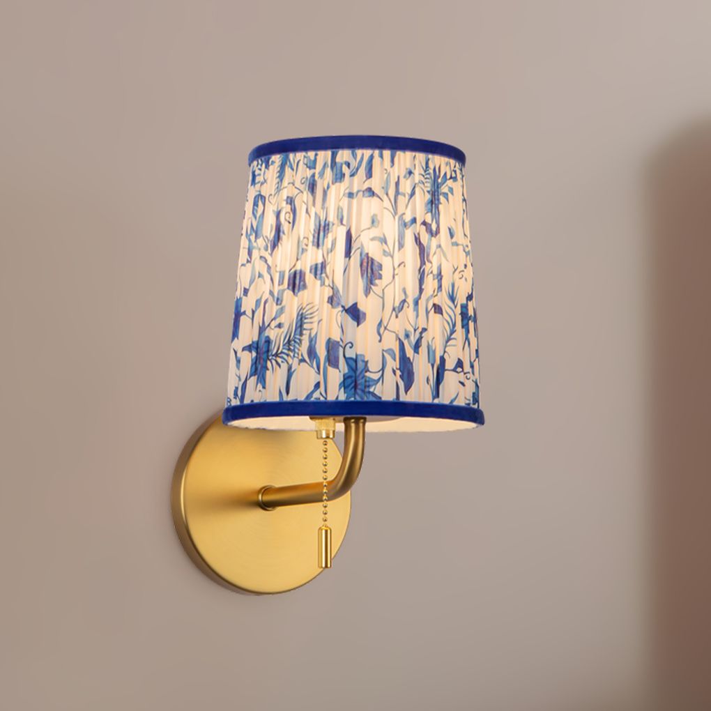 Scout 10-in Brushed Gold Wall/Vanity Light w/ Patterned Pleated Blue Linen