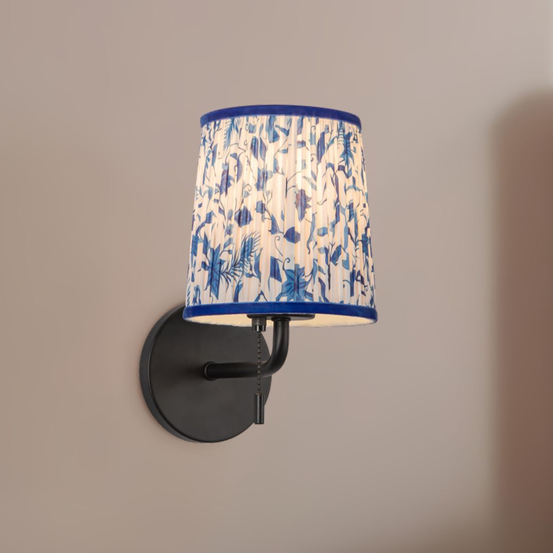 Scout 10-in Matte Black Wall/Vanity Light w/ Patterned Pleated Blue Linen