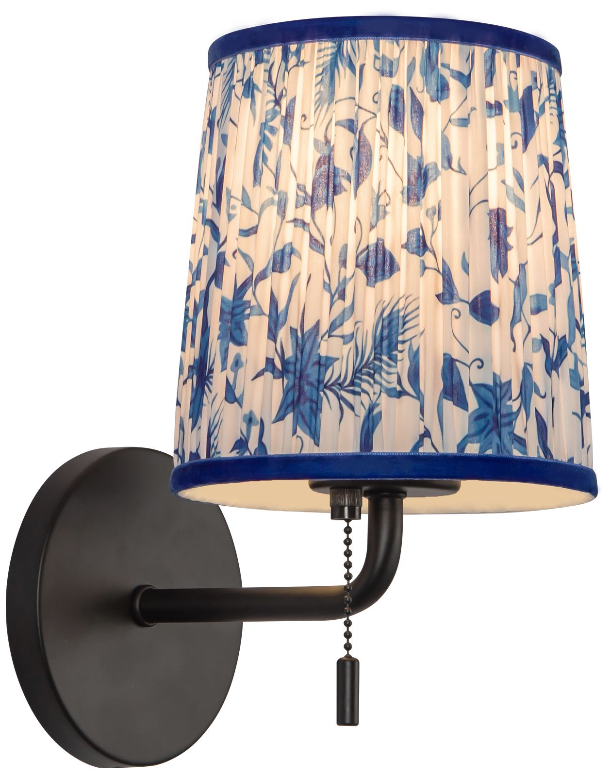 Image 3 Scout 10-in Matte Black Wall/Vanity Light w/ Patterned Pleated Blue Linen more views