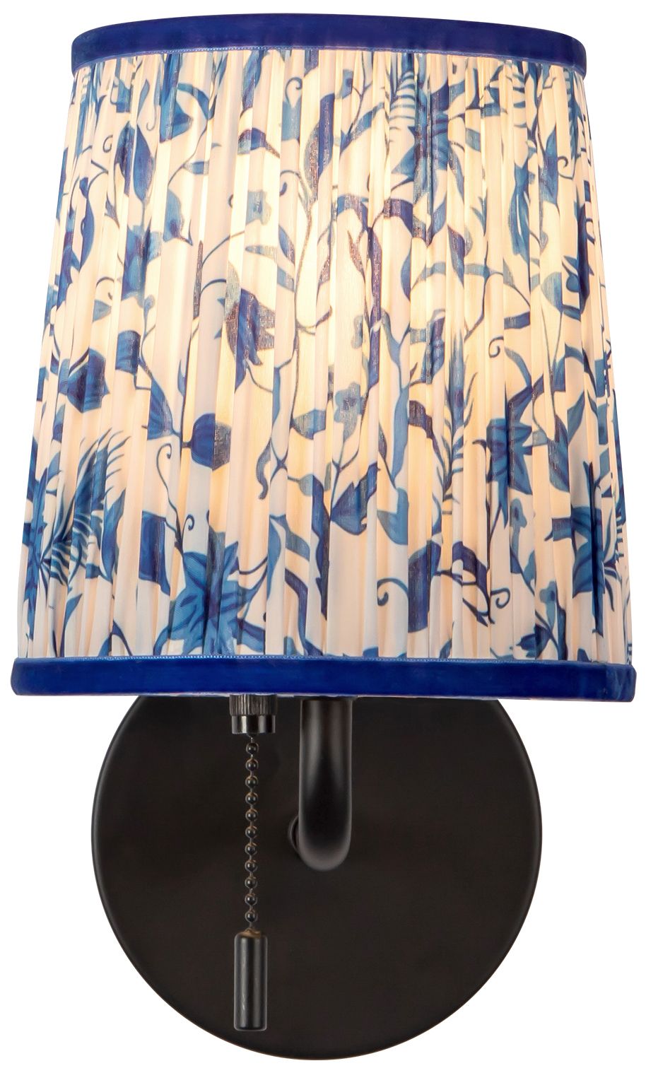 Image 4 Scout 10-in Matte Black Wall/Vanity Light w/ Patterned Pleated Blue Linen more views