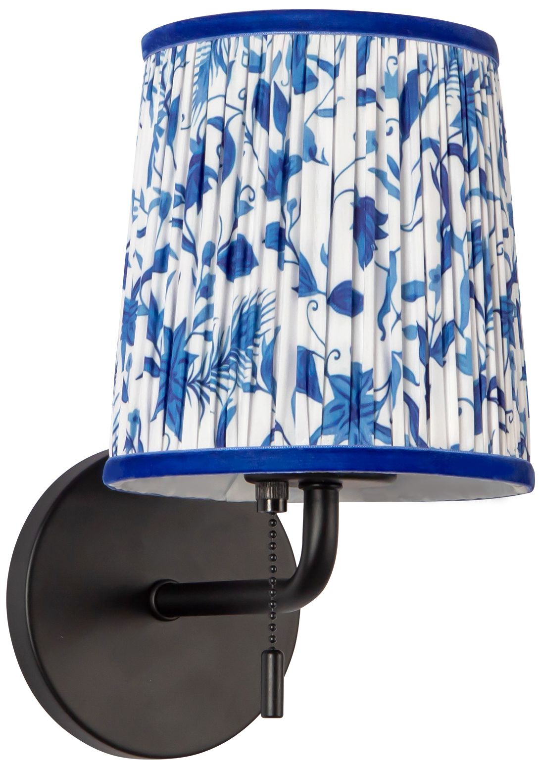 Image 6 Scout 10-in Matte Black Wall/Vanity Light w/ Patterned Pleated Blue Linen more views