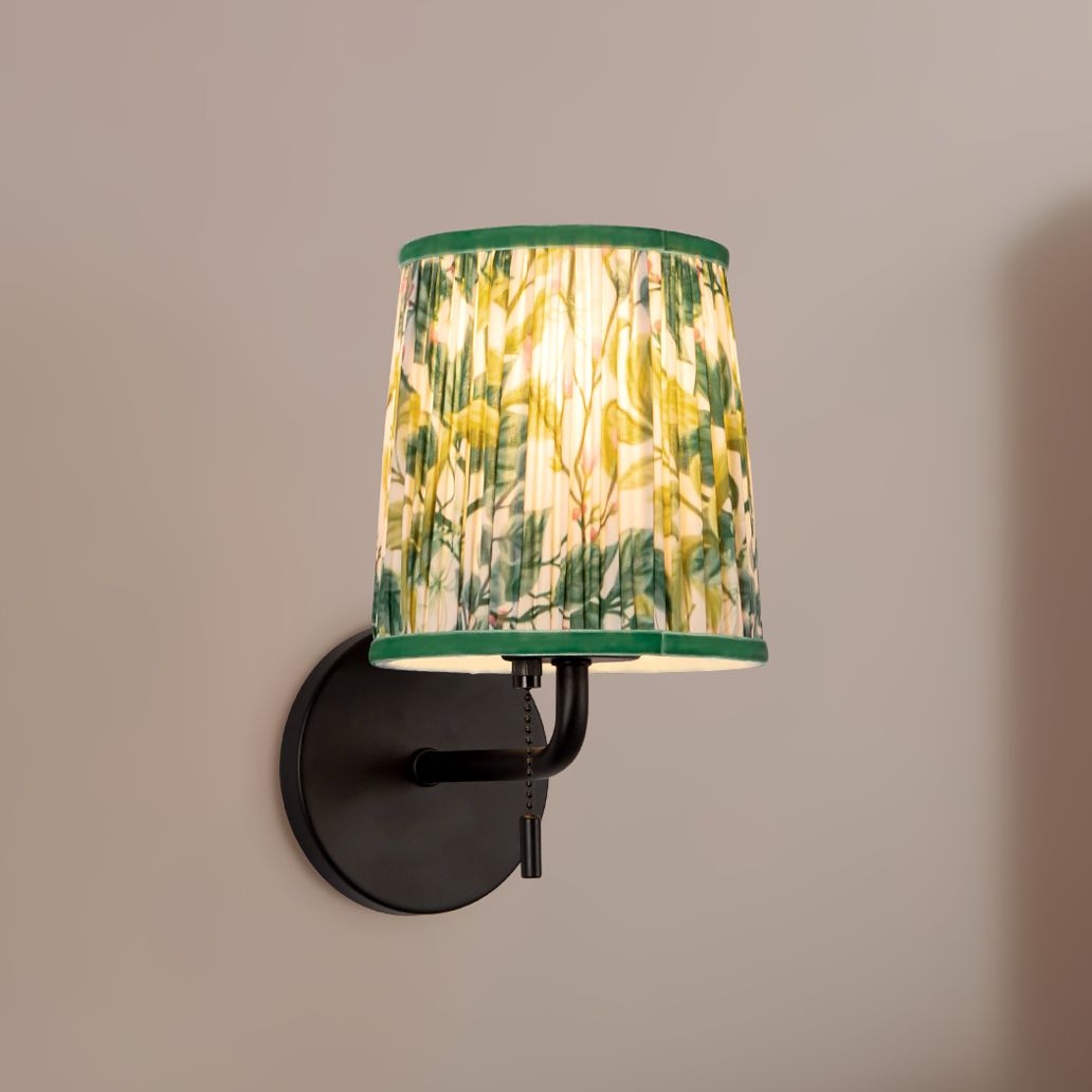 Scout 10-in Matte Black Wall/Vanity Light w/ Patterned Pleated Green Linen