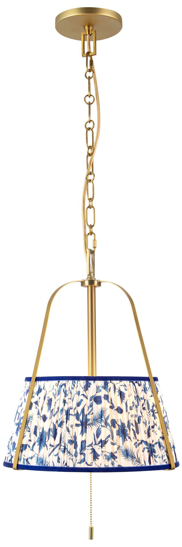 Scout 13-in Brushed Gold Pendant with Patterned Pleated Blue Linen Shade