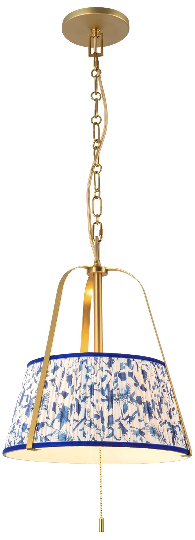Image 3 Scout 13-in Brushed Gold Pendant with Patterned Pleated Blue Linen Shade more views