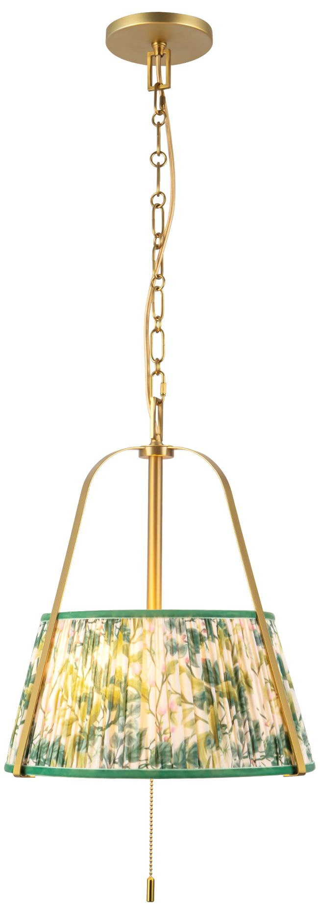 Scout 13-in Brushed Gold Pendant with Patterned Pleated Green Linen Shade