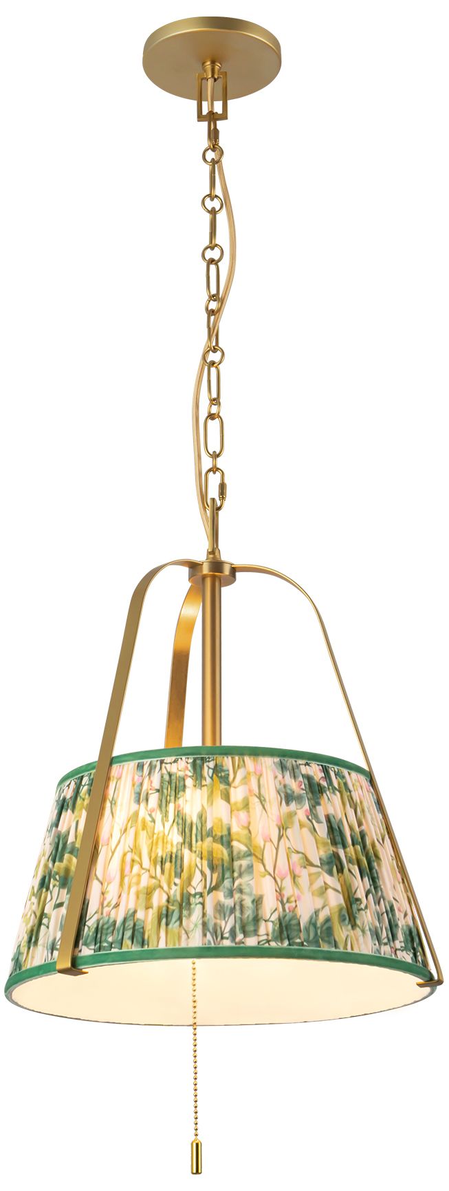 Image 3 Scout 13-in Brushed Gold Pendant with Patterned Pleated Green Linen Shade more views
