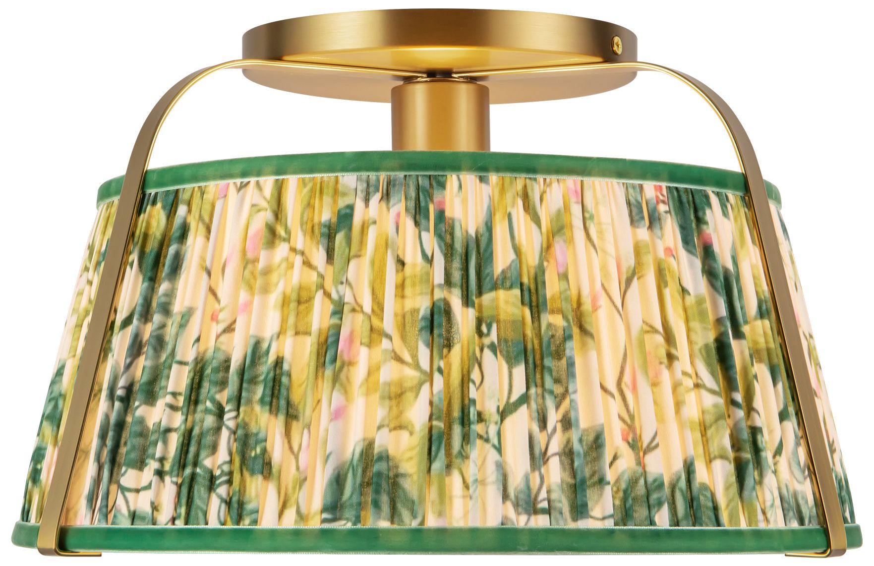 Scout 13-in Brushed Gold Semi-Flush Mount w/ Patterned Pleated Green Linen