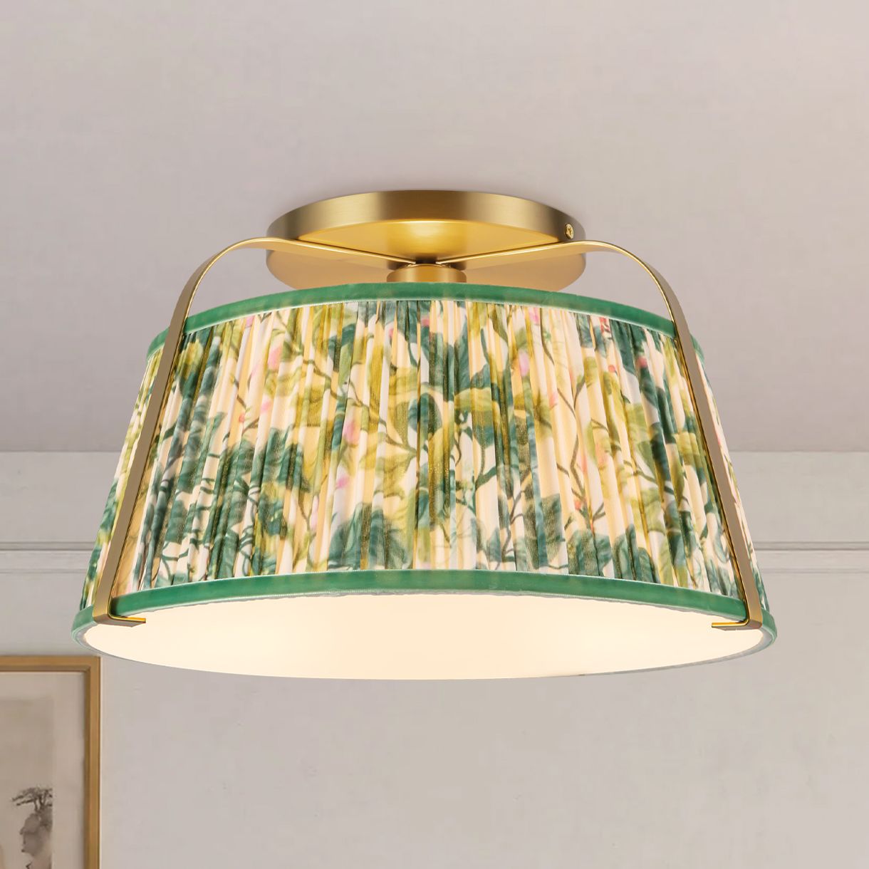 Scout 13-in Brushed Gold Semi-Flush Mount w/ Patterned Pleated Green Linen