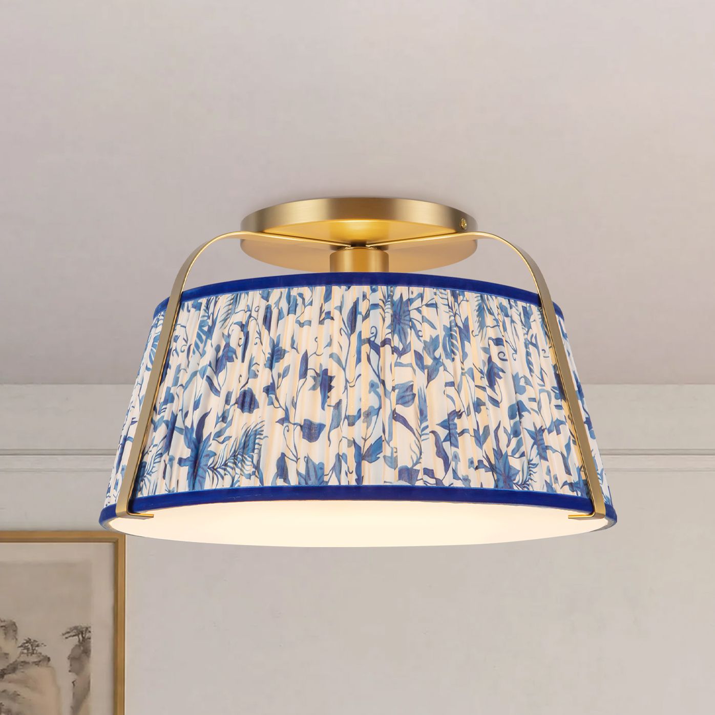 Scout 13-in Brushed Gold Semi-Flush Mount with Patterned Pleated Blue Linen