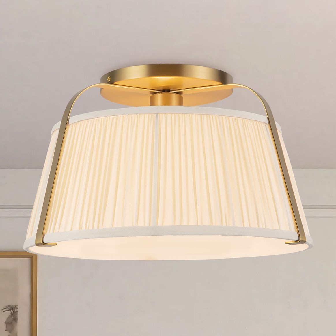 Scout 13-in Brushed Gold Semi-Flush Mount with Pleated White Linen Shade