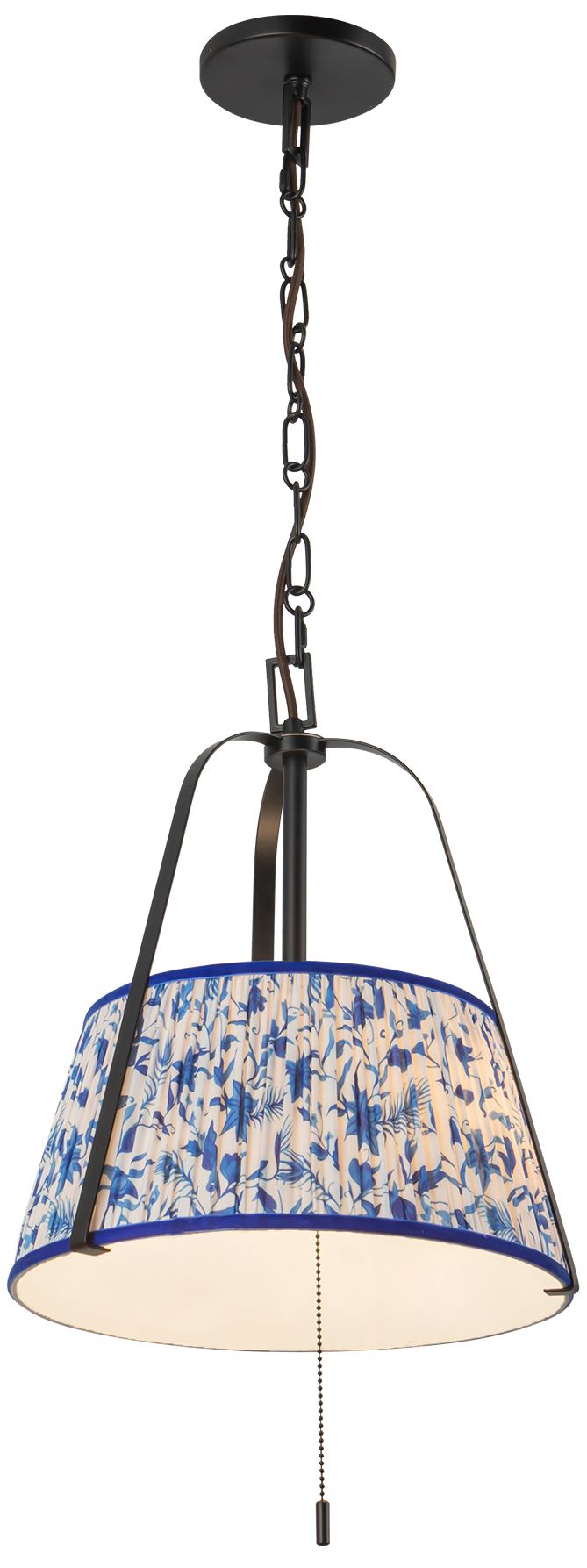 Image 3 Scout 13-in Matte Black Pendant with Patterned Pleated Blue Linen Shade more views