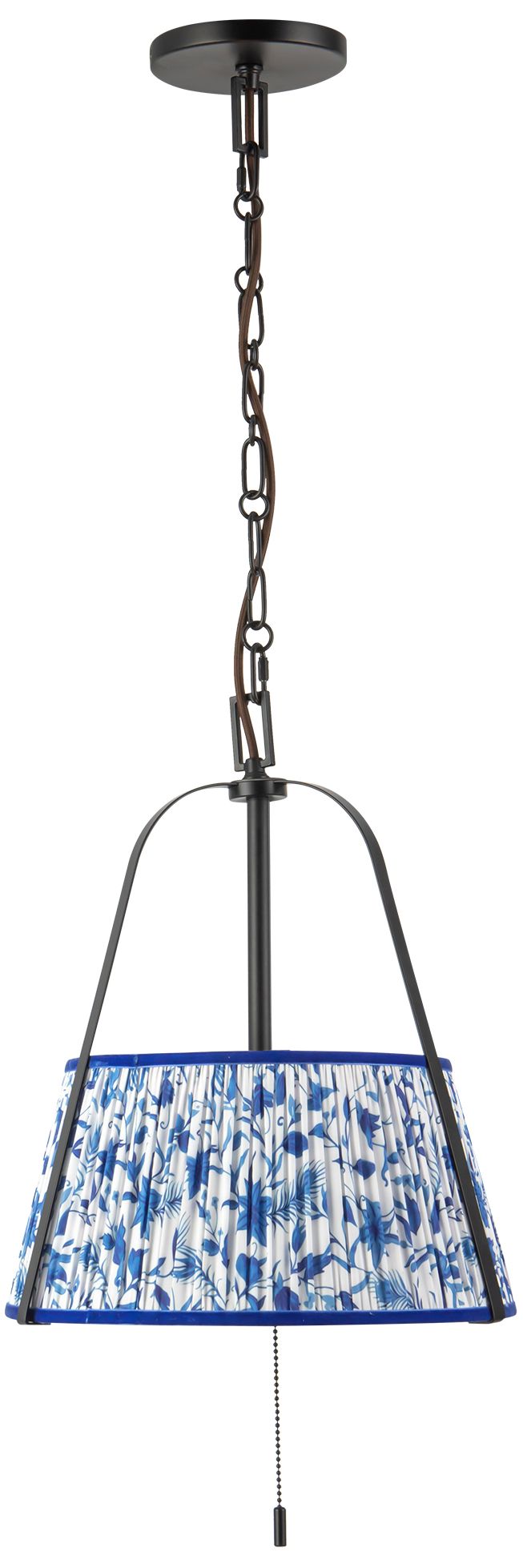 Image 6 Scout 13-in Matte Black Pendant with Patterned Pleated Blue Linen Shade more views