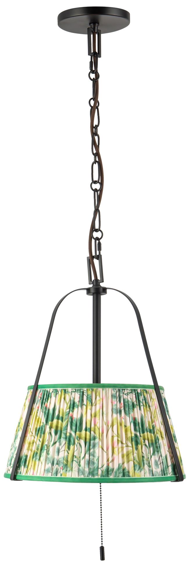 Image 6 Scout 13-in Matte Black Pendant with Patterned Pleated Green Linen Shade more views