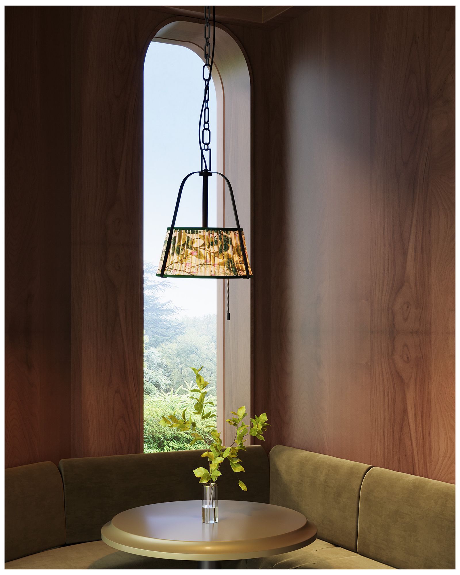 Scout 13-in Matte Black Pendant with Patterned Pleated Green Linen Shade