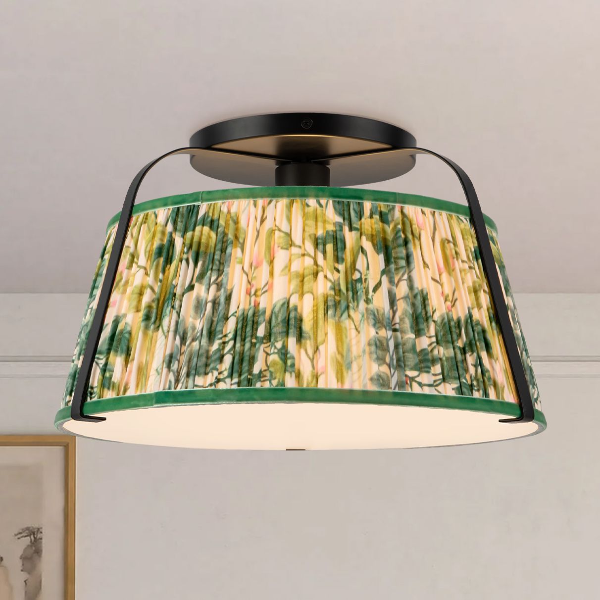 Scout 13-in Matte Black Semi-Flush Mount w/ Patterned Pleated Green Linen