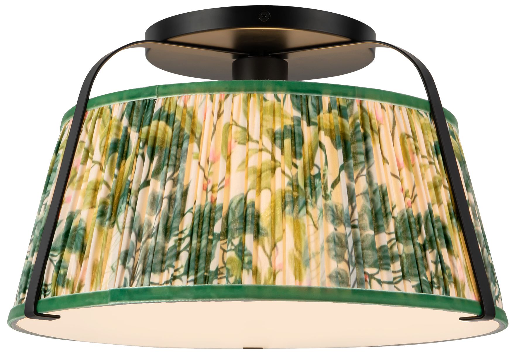 Image 3 Scout 13-in Matte Black Semi-Flush Mount w/ Patterned Pleated Green Linen more views