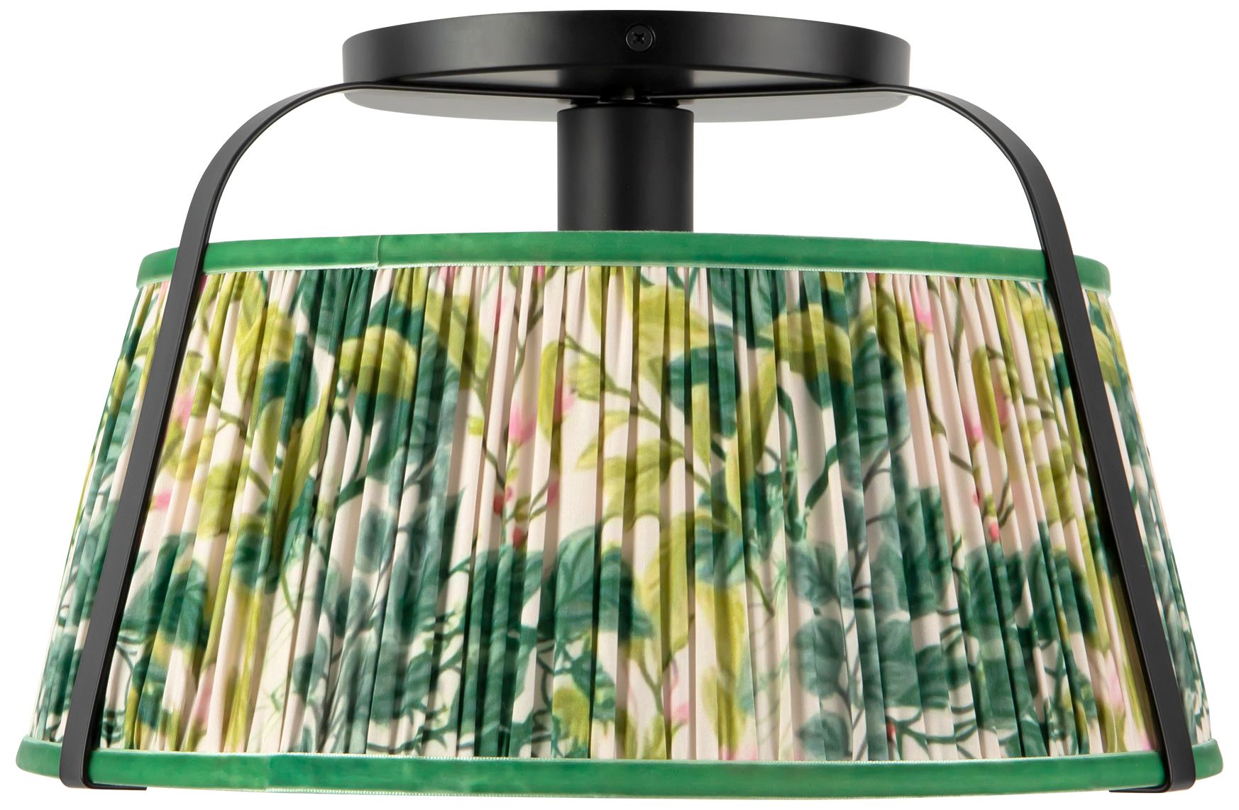 Image 6 Scout 13-in Matte Black Semi-Flush Mount w/ Patterned Pleated Green Linen more views