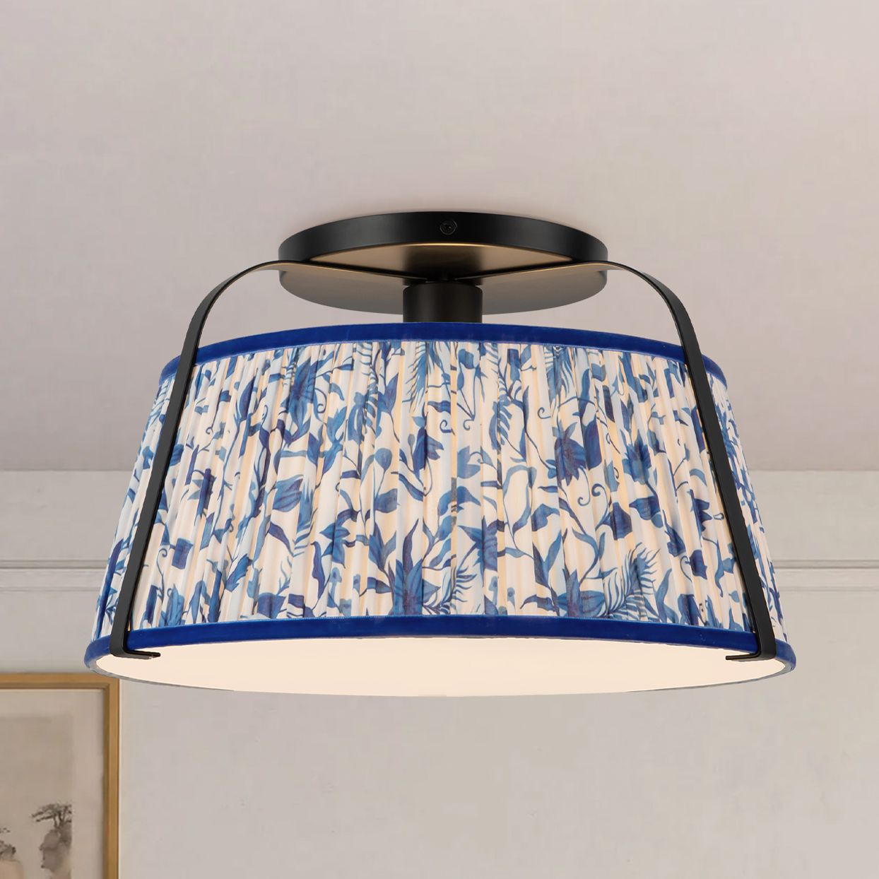 Scout 13-in Matte Black Semi-Flush Mount with Patterned Pleated Blue Linen