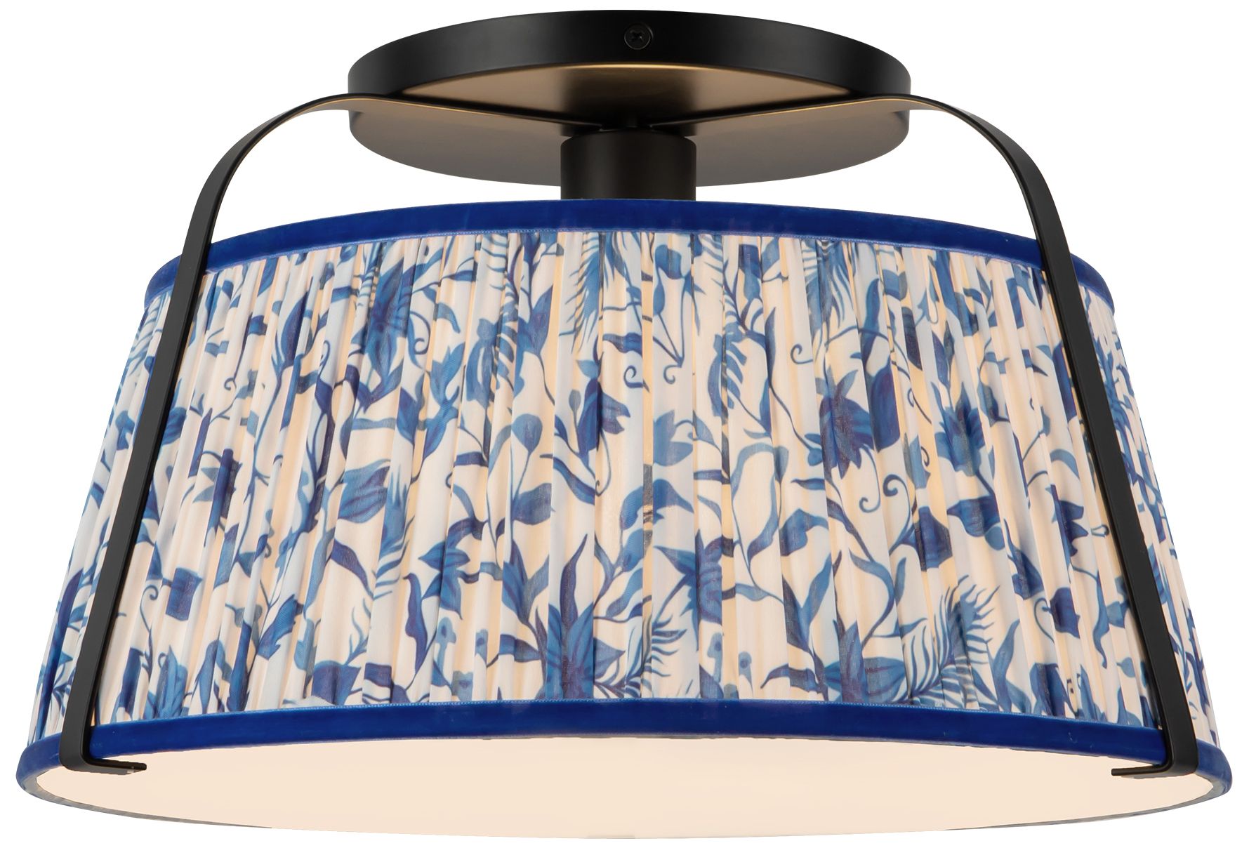 Image 3 Scout 13-in Matte Black Semi-Flush Mount with Patterned Pleated Blue Linen more views