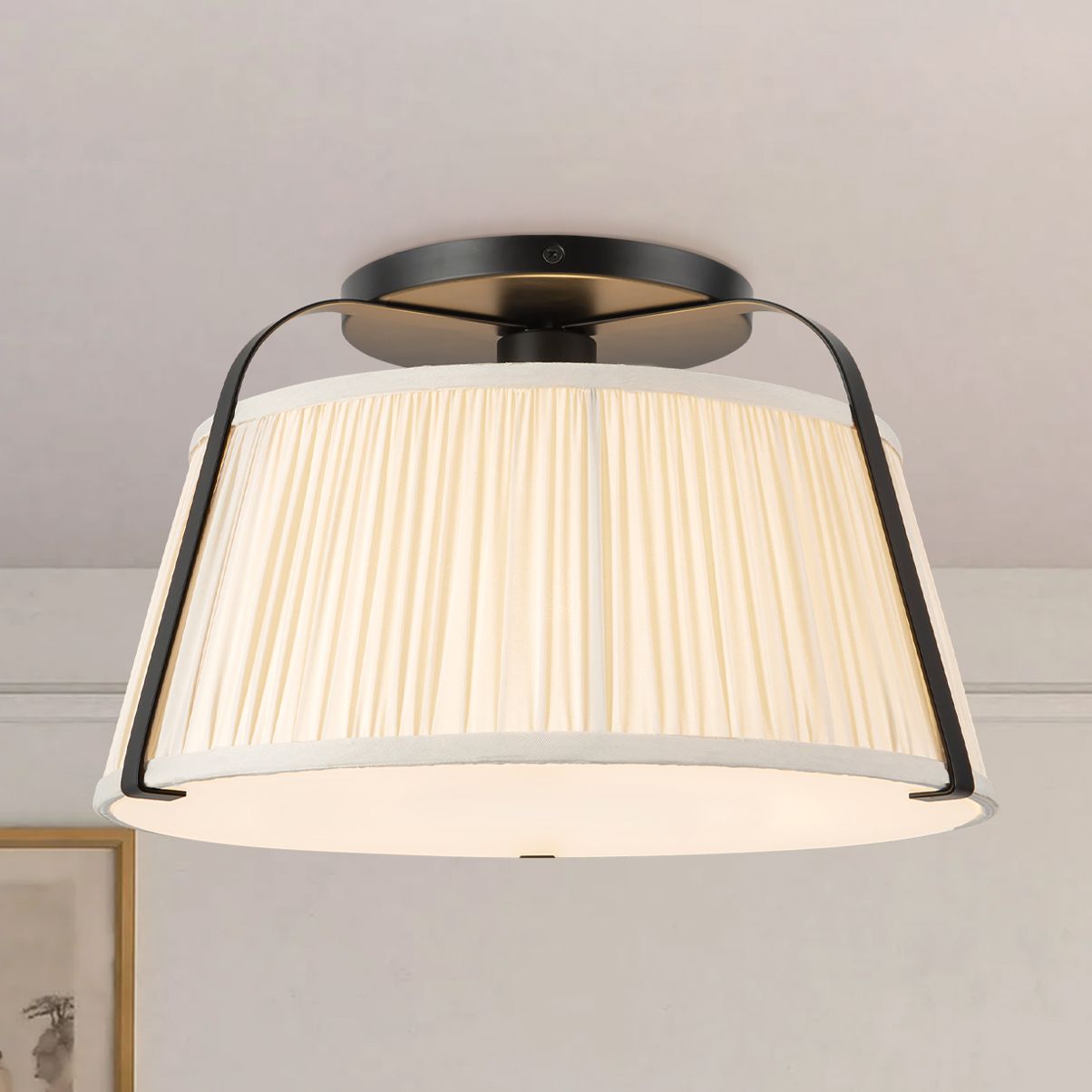 Scout 13-in Matte Black Semi-Flush Mount with Pleated White Linen Shade