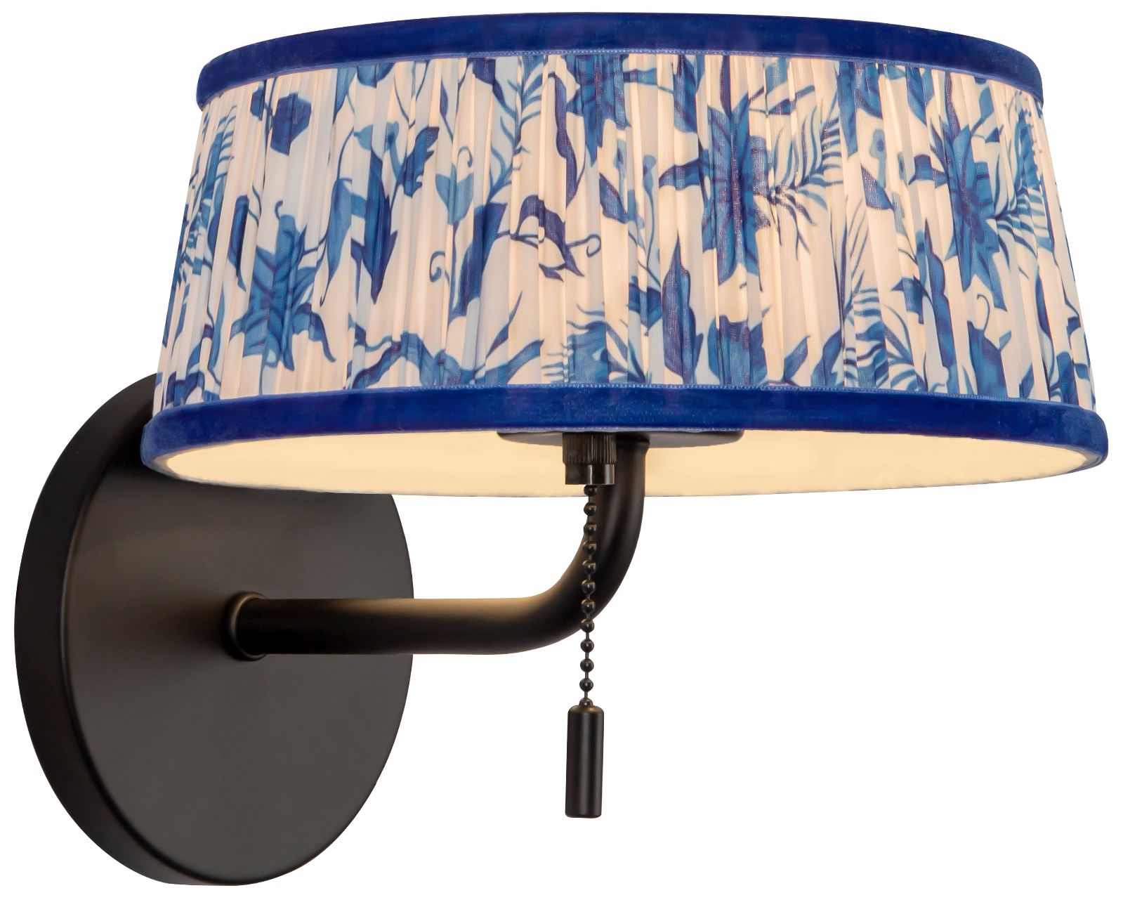 Scout 7-in Matte Black Wall/Vanity Light w/ Patterned Pleated Blue Linen